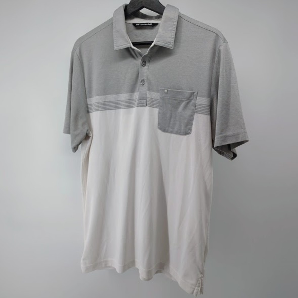 TravisMathew Polo Shirt Men Medium Gray White Colorblock Pocket Golf Casual Golf - Picture 5 of 9